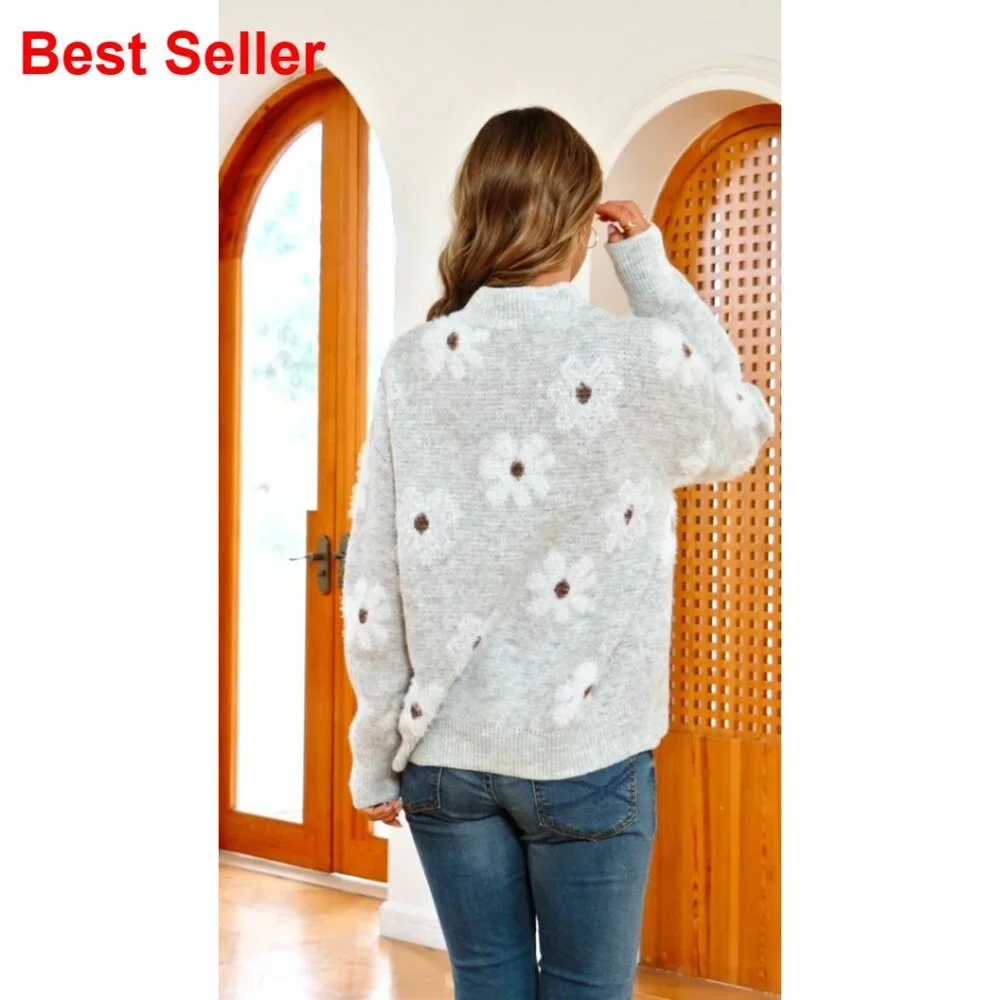 Quarter Zip Floral Pullover Sweater Long Sleeve V Neck Casual Top - Picture 7 of 7